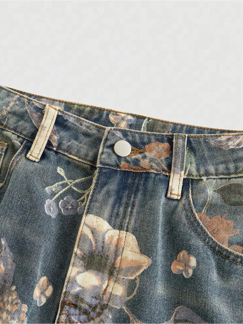Floral Wide Leg Denim Jeans - Green Floral Print - Picture 3 of 4